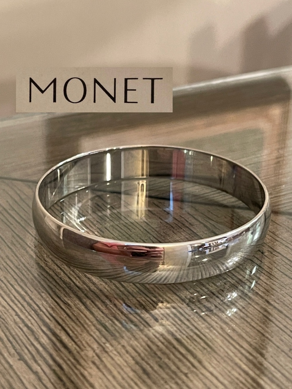 Vintage MONET Polished Smooth Classic Silver-tone Bangle Singed